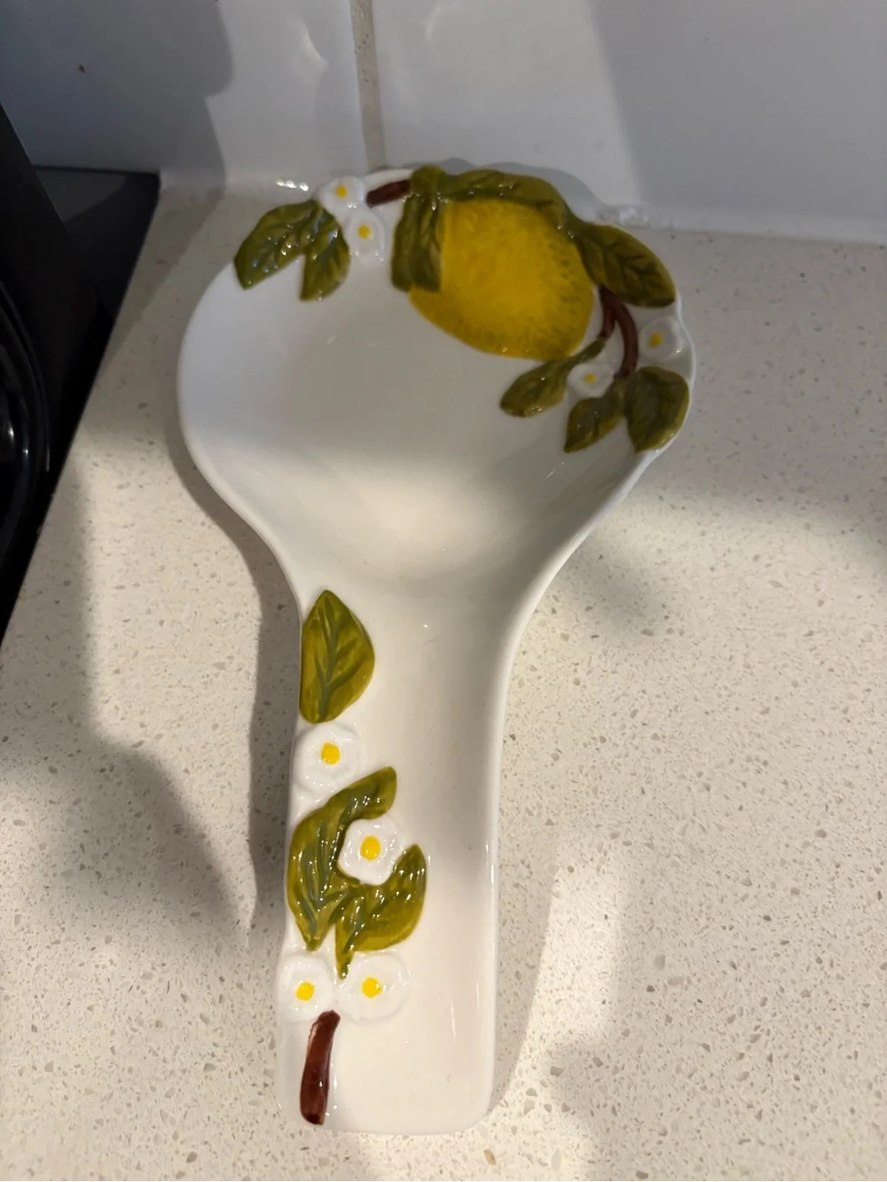 Anthropologie White Ceramic Lemon Spoon Rest with Green Leaves